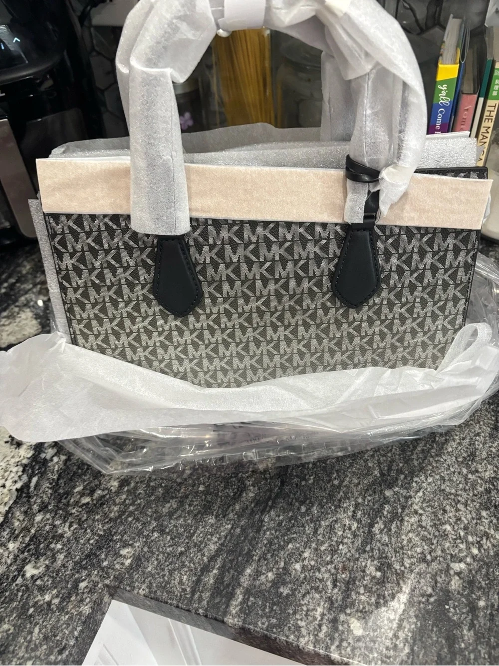 Michael Kors Black and Gray MK Signature Satchel and Jet Set matching wallet